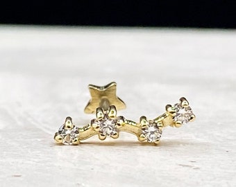 Irregular Celestial Line Stud Piercing, 14K Real Gold Flat Back Cartilage Earring, Screw Back Helix Piercing, Celestial Climber Earring