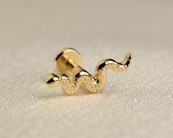 Delicate Snake Flat Back Earring, 14K Gold Tiny Snake Stud Piercing, Serpent Helix Earring