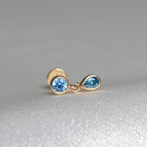 Piercing pendentif en cz aigue-marine - Boucle d'oreille pendante dos plat en or 14 carats et cz bleu clair, piercing tragus, boucle d'oreille hélicoïdale