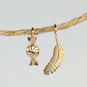 14K Solid Gold Charms, Candy Charm or Feather Charm