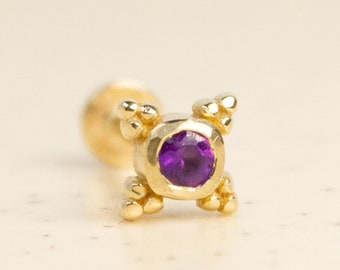 Natural Amethyst 14 Karat Solid Gold Screw Flat Back Tragus Earring, Cartilage Piercing, Stud Helix Earring, Stud Piercing