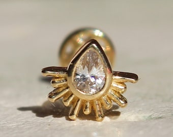 14K Solid Gold Sunburst Stud Earring - Screw Flat Back Piercing Stud - Sunburst Cartilage Earring, Internally Thread Tragus Piercing Stud