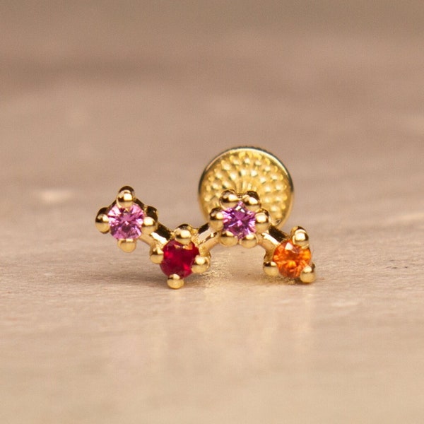 14K Solid Gold Real Pink Sapphires and Ruby Irregular Prong Set Flat Back Earring, Helix Piercing, Cartilage Earring