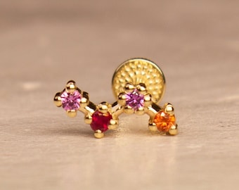 14K Solid Gold Real Pink Sapphires and Ruby Irregular Prong Set Flat Back Earring, Helix Piercing, Cartilage Earring