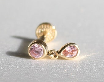 Pink Sapphire (CZ) Dangle Piercing, 14 K Gold Flat Back Tragus Earring, Dangle Helix Piercing