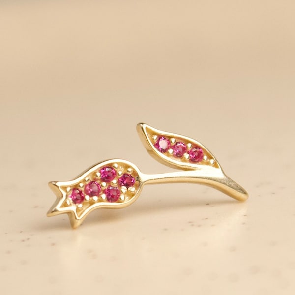 14 Karat Solid Gold Tulip Fucshia Stoned (Pinky red) Tulip Cartilage Stud Earring, Screw Ball Back or Screw Flat Back, Upper Helix Earring
