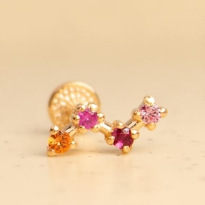 14K Solid Gold & Natural Pink Sapphires, Orange Sapphire and Ruby Gemstones, Cartilage Earring, Screw Flat Back Earring, Mid Helix Earring