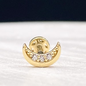 Moon Pave Diamond (CZ) Stud Piercing, 14 Karat Real Gold Stud Earring, Flat Back Tragus Piercing, Internally Threaded Piercing