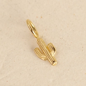 Könnte beinhalten: Ein goldfarbener Kaktus-Anhänger mit einer Schlaufe zum Anbringen an einer Halskette oder einem Armband.