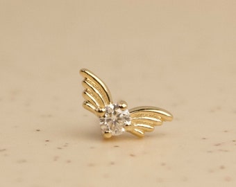 Moissanite 14K Real Gold Angel Wings Stud Piercing, Tragus Piercing, Screw Flat Back Earring, Cartilage Earring, Flat Piercing