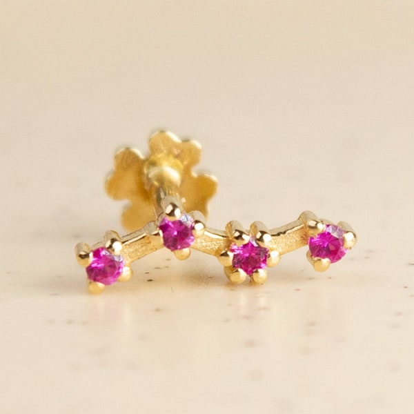 Pink Sapphire 14K Solid Gold Screw Flat Back Helix Earring, Upper Lobe Piercing, Flat Piercing, Conch Stud Earring, Climber Stud Piercing