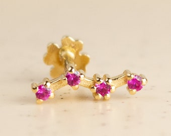 Pink Sapphire 14K Solid Gold Screw Flat Back Helix Earring, Upper Lobe Piercing, Flat Piercing, Conch Stud Earring, Climber Stud Piercing