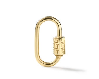 Candado grabado con llave griega o laberinto de oro macizo de 14 quilates, soporte para dijes ovalado, conector para colgantes, candado para bebé, mosquetón dorado, potenciador de dijes