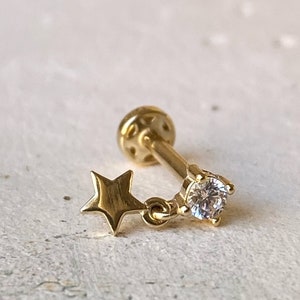 Dangle Star Piercing, 14K Real Gold Dangle Cartilage  Piercing, Helix Dangle Piercing, Tragus Piercing, Flat Back, Internally Threaded