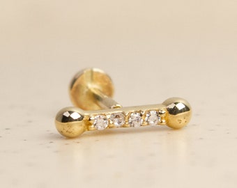 14K Real Gold Linear Bar Screw Flat Back Cartilage Earring, Minimalist Tragus Piercing, Helix Piercing, Upper Lobe Earring