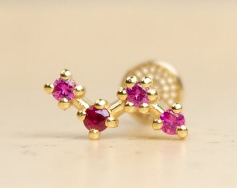 Genuine Pink Sapphires&Ruby Zigzag 14 K Solid Gold Stud Screw Back Earring, Cartilage Earring, Lower Helix Earring, Tragus Piercing