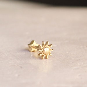 14K Gold Egyptian Sun Stud Piercing Handcrafted Cartilage Stud Piercing, Screw Back Piercing, Sunburnst Piercing Umay Jewelry image 1