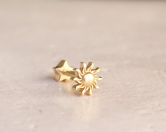 14K Gold Egyptian Sun Piercing Stud Earring  - Handcrafted Cartilage Screw Flat Back Earring, Sunburst Earring, Helix, Tragus Earring