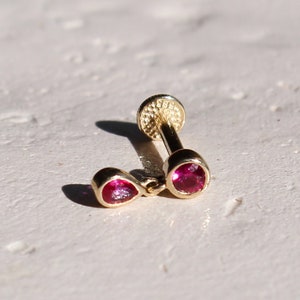 Ruby CZ Dangle Piercing - 14 Karat Gold Ruby CZ Dangle Tragus Piercing, Flat Back Dangle Helix Piercing - Umay Jewelry