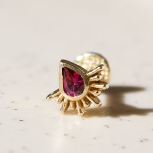Natural Rhodolite 14K Real Gold Flat Back Screw Back Tragus Earring, Helix Piercing, Stud Piercing, Handmade Jewelry, Unique Christmas Gift