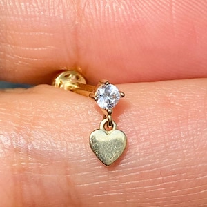 Piercing coeur pendants diamants serti griffes, boucle d'oreille cartilage coeur en or véritable 14 carats, piercing tragus dos plat, piercing hélice pendant