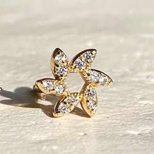 14K Gold Windmill Stud Piercing, Cartilage Piercing, Helix Earring, Tragus Piercing - Handcrafted Jewelry