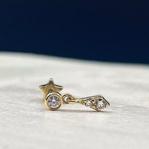 Tiny Dangle Piercing, 14K Solid Gold Dangle Minimalist Cartilage Piercing, Tragus Piercing, Screw Back Helix Earring, Unique Piercing