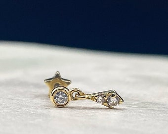 14K Solid Gold Dangle Cartilage Earring, Minimalist Helix Tragus Earring