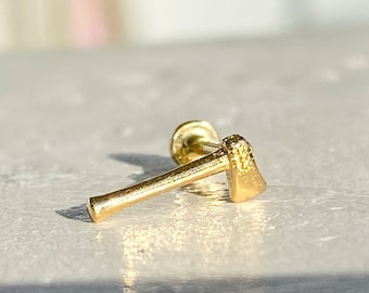 Axe Stud Piercing, 14K Real Gold Helix Earring, Internally Threaded Tragus Piercing, Flat Back Piercing, Handcrafted Jewelry