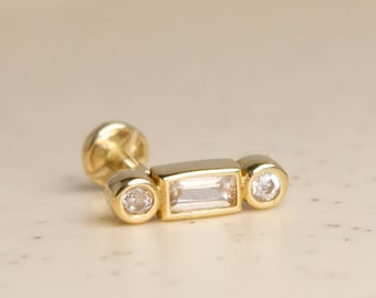 14K Solid Gold Baguette Stud Piercing, Screw Flat Back, 18G Stud Cartilage Earring, Tragus Earring, Helix Piercing