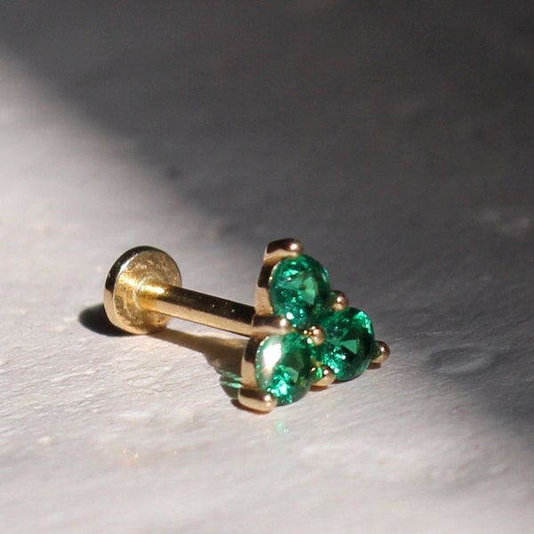 Emerald (CZ) Prong Stud Piercing - 14K Real Gold Flat Back Piercing - Cartilage Piercing, Helix Piercing, Tragus Piercing, Conch Earring