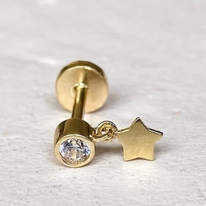 Brinco de estrela pendente em ouro maciço 14K, brinco pendente com parafuso e parte traseira plana, brinco pendente plano, piercing minimalista pendente