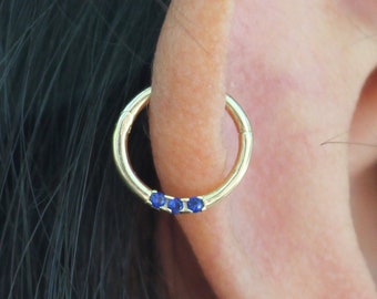 Sapphire/Emerald (CZ) Pave Setting Hoop Piercing/14 K Real Gold Septum Clicker/Nose Ring/ Daith Piercing/Helix Piercing/Tragus Piercing