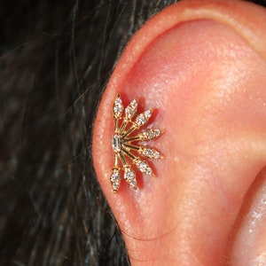 Diamond Spikes Artisan Earring, 14 K Gold Stud Helix Earring, Flat Back and Screw Back Available, 16 Gauge Bar