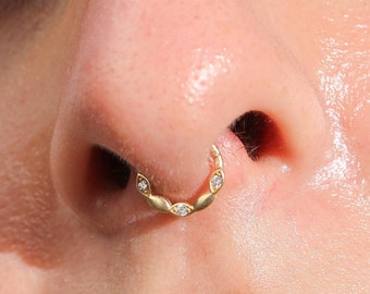 14K Solid Gold Septum Clicker, Daith Hoop Piercing, Nose Ring, Hoop Helix Piercing