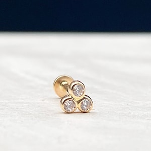 TRIO Piercing Stud - 14K Real Gold Internally Threaded Cartilage Piercing Stud, Screw Flat Back Tragus Earring