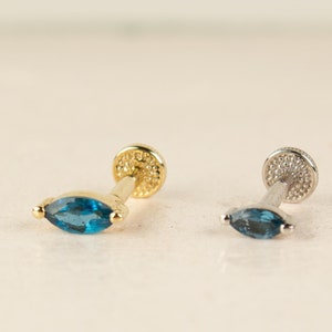 14K Solid Gold Genuine Marquise London Blue Topaz Cartilage Stud Earring, Stud Helix Earring, Screw Flat Back Earring, Deep Blue Gemstone