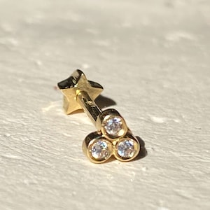 Trio Bezel Diamond (CZ) Piercing Stud - 14K Real Gold Cartilage Piercing Stud, Tragus Earring, Screw Back Helix Earring, Handcrafted Jewelry