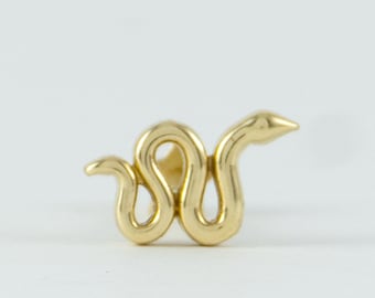Puede incluir: Una pequeña joya dorada en forma de serpiente. La serpiente está enrollada con la cabeza levantada, y el diseño general es minimalista. La joya es probablemente un colgante, un pendiente o un charm.