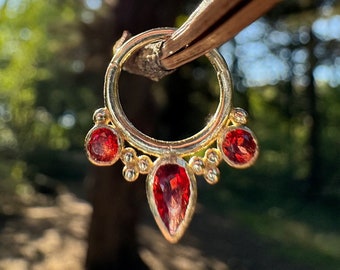 Garnet Pear Septum Ring with Garnet Stone in 14 Karat Yellow Gold - Hinge Hoop Helix Piercing, Septum Clicker