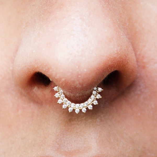 Septum double ligne diamants (CZ) - Anneau de nez en or véritable 14 carats, piercing cerceau du cartilage, boucle d'oreille hélicoïdale, piercing Daith, tragus