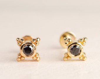 Black Diamond 14K Gold Flat Back Earring, Helix Tragus Piercing