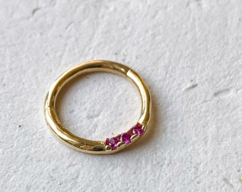 Ruby (CZ) Pave Setting Hoop Piercing - 14K Real Gold Hinge Hoop Piercing, Septum Ring, Clicker, Nose Ring, Helix Piercing, Tragus Piercing