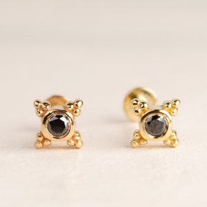 Genuine Black Diamond 14K Solid Yellow Gold&14K Solid Rose Gold Flat Screw Back 18G Earring, Tragus Earring, Helix Piercing, Gift for Mother