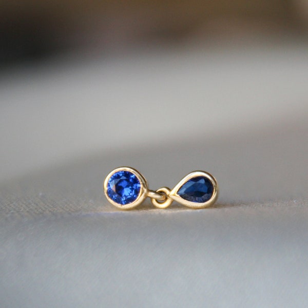 MOONLIGHT Piercing - 14 Karat Solid Gold Sapphire CZ Stud Dangle Piercing - Flat Back Dangle Tragus Piercing - Handcrafted