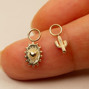 Pingentes de brinco de ouro, pingentes de ouro maciço 14K com frente, pingente pendurado para argola, pingente de coração flamejante, pingente de cacto em forma de gota