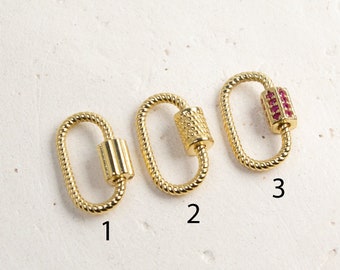 14K Solid Gold Charm Holder, Twisted Lock, Pendant Connector, Swirl Enhancer, Oval Baby Lock, Real Gold Screw on and off Carabiner Lock