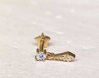 Tiny Dangle Piercing, 14k Real Gold Tragus Dangle Piercing, Cartilage Piercing, Minimalist Tragus Piercing, Screw Back Dangle, Flat Back