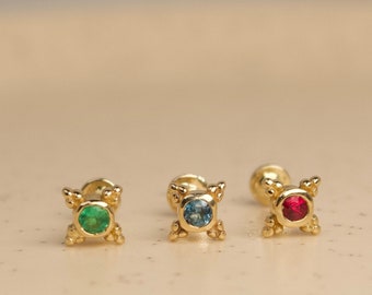 14K Solid Gold Mini Kandy Emerald-Ruby Flat Screw Back Tragus Earring, Helix Piercing, 18G Cartilage Earring