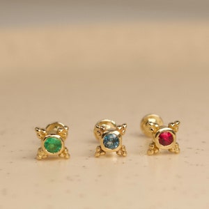 14K Solid Gold Mini Kandy Emerald-Ruby Flat Screw Back Tragus Earring, Helix Piercing, 18G Cartilage Earring